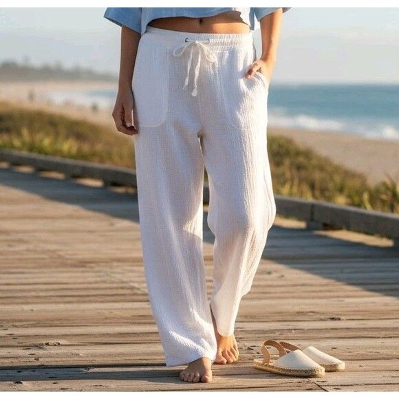 C&C California Pants - C&C California Womens XL Cotton Gauze Wide Leg White Pants Crinkle Beach Resort
